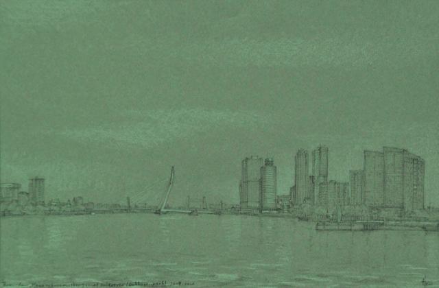 2020, Rotterdam, Maas en Erasmusbrug vanaf zuidoever, Dokhavenpark, wit en zwart potlood op grijs papier, 23x34,5 cm..jpg